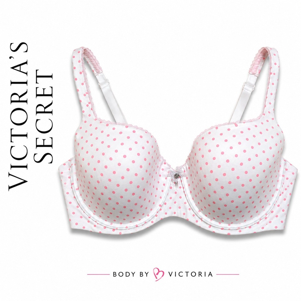 Victoria's Secret Demi Bra Women 36DD White Pink Polka Dot Lined Underwire Lace